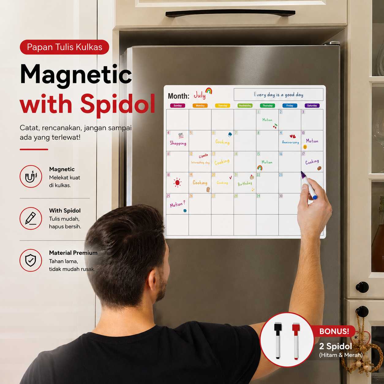 Papan tulis kulkas magnet kalender 1bulan 38x29cm dg spidol WM YUH2300