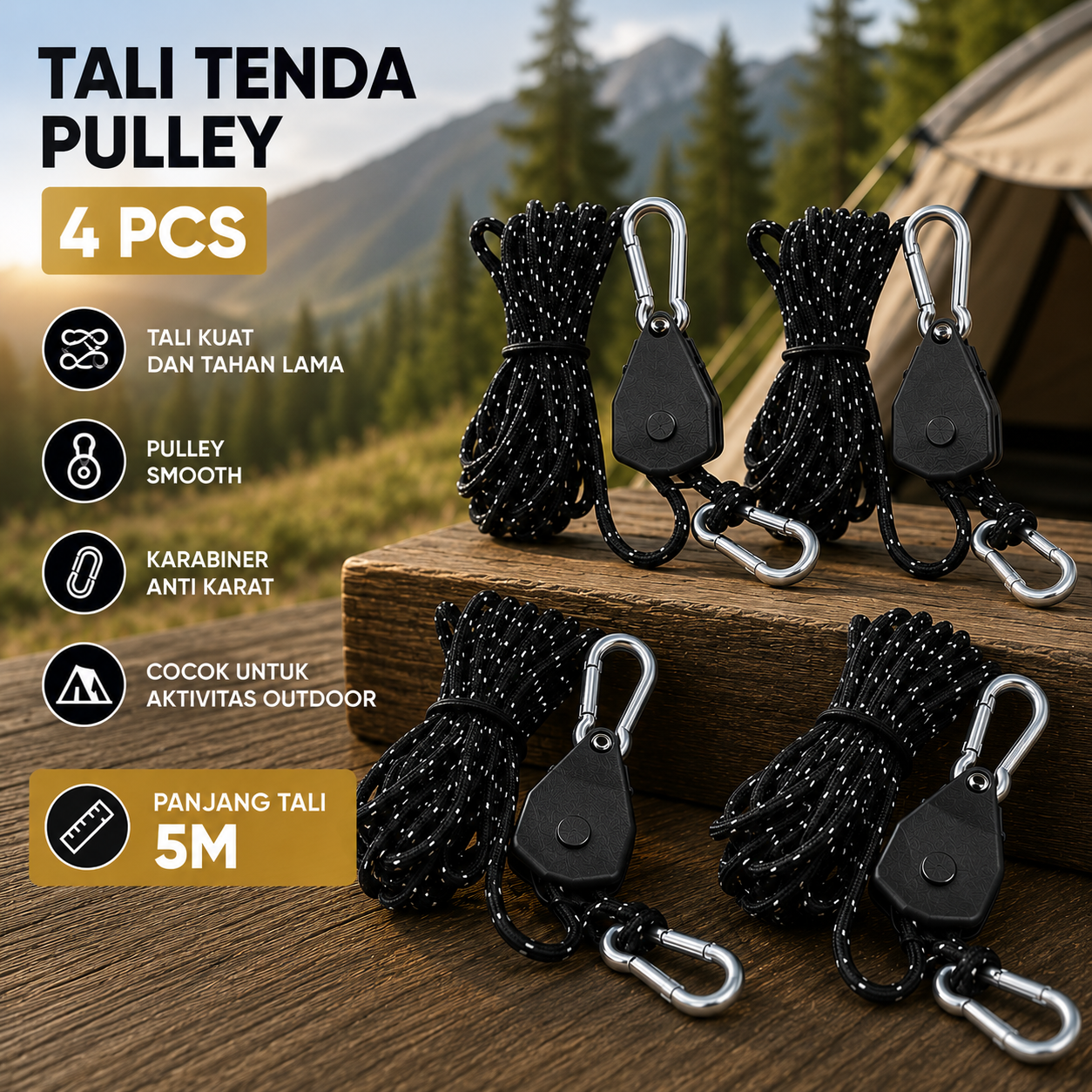 JOFU Tali Tenda Paracord Rope Tent 1/8 Inch Katrol Lifting Pulley 4PCS - SH200