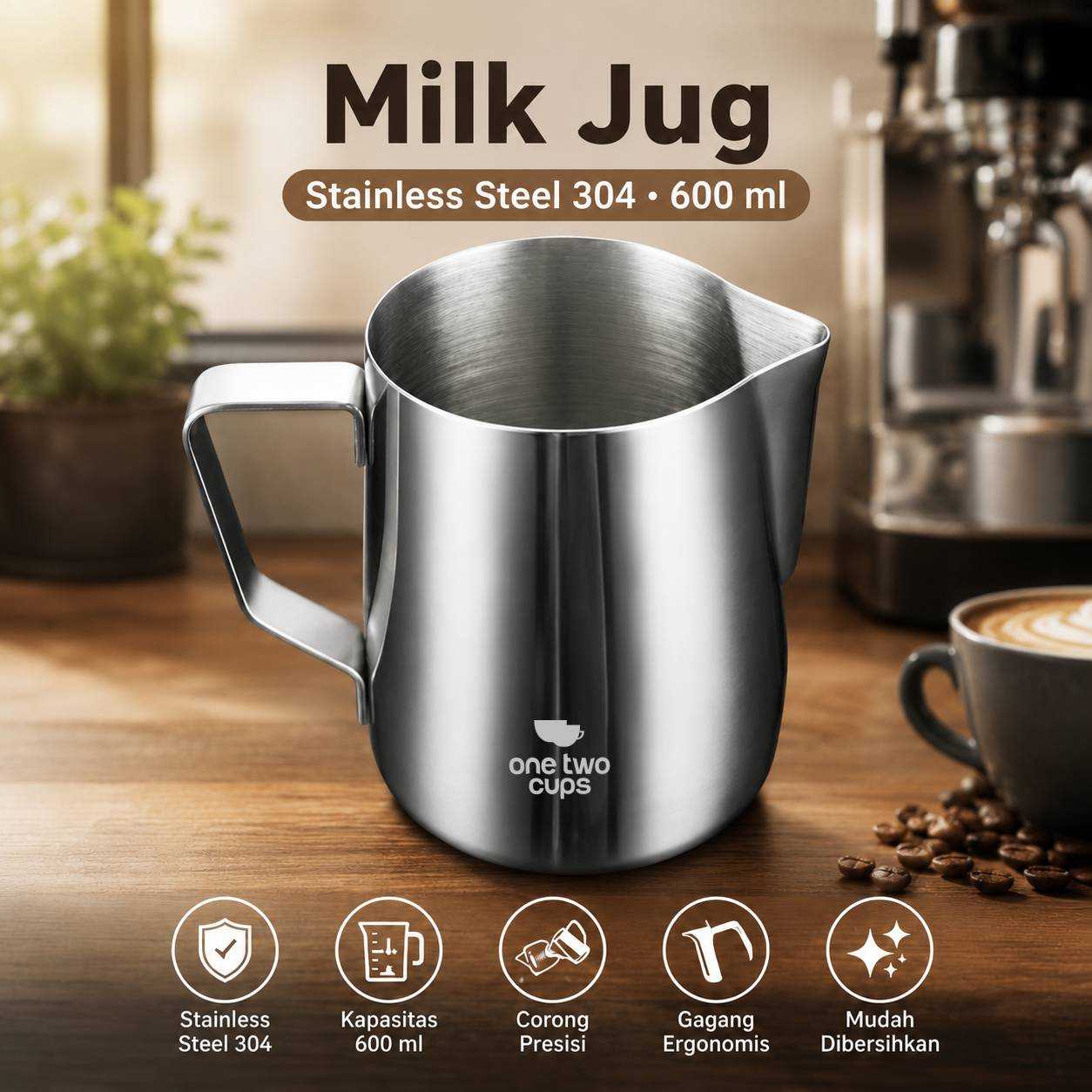 One Two Cups Milk Jug Pitcher Susu Latte Art Stainless Steel 304 600ml - DR-400